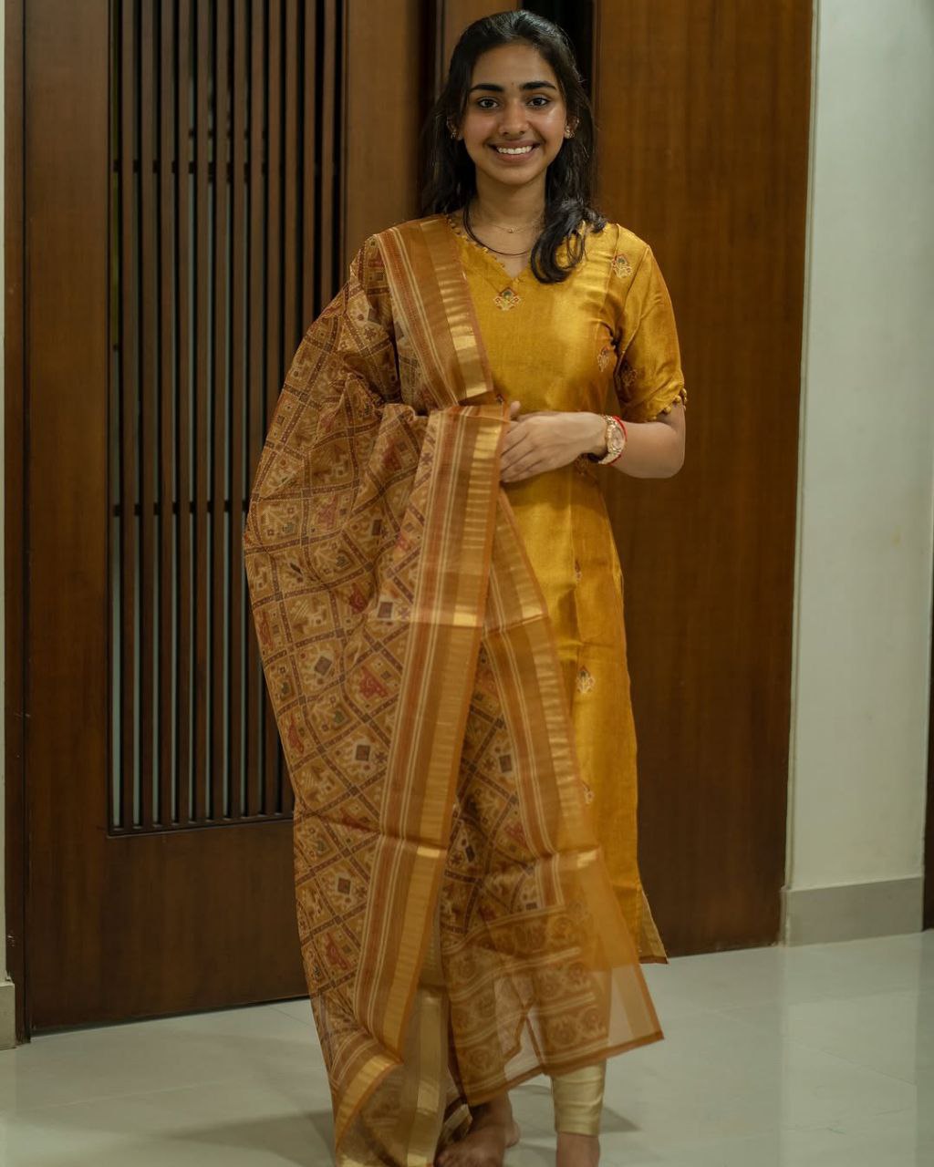 Exquisite Mustard Pure Banarasi Silk Kurti, Pant With Dupatta