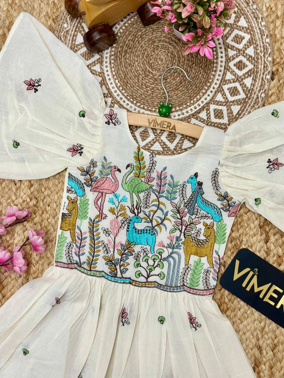 Jungle Cotton Embroidery Animal Work Kids Frock
