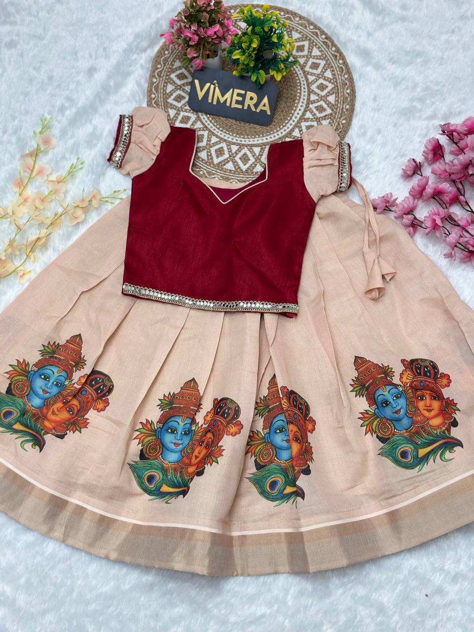 Onam Traditional Gold Zari Border Kids Lahenga-Top