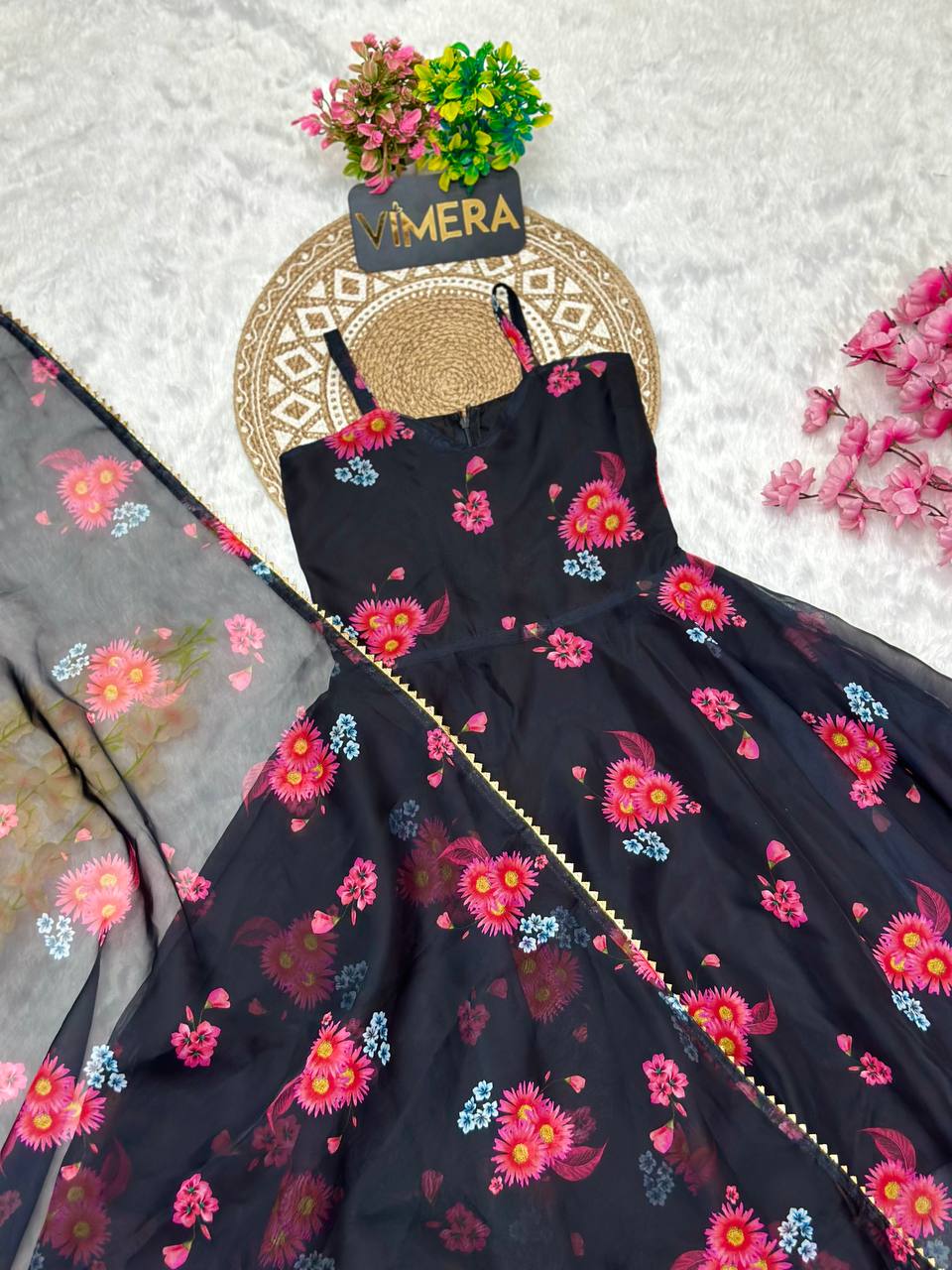 Swara Black Floral Organza Kids Gown