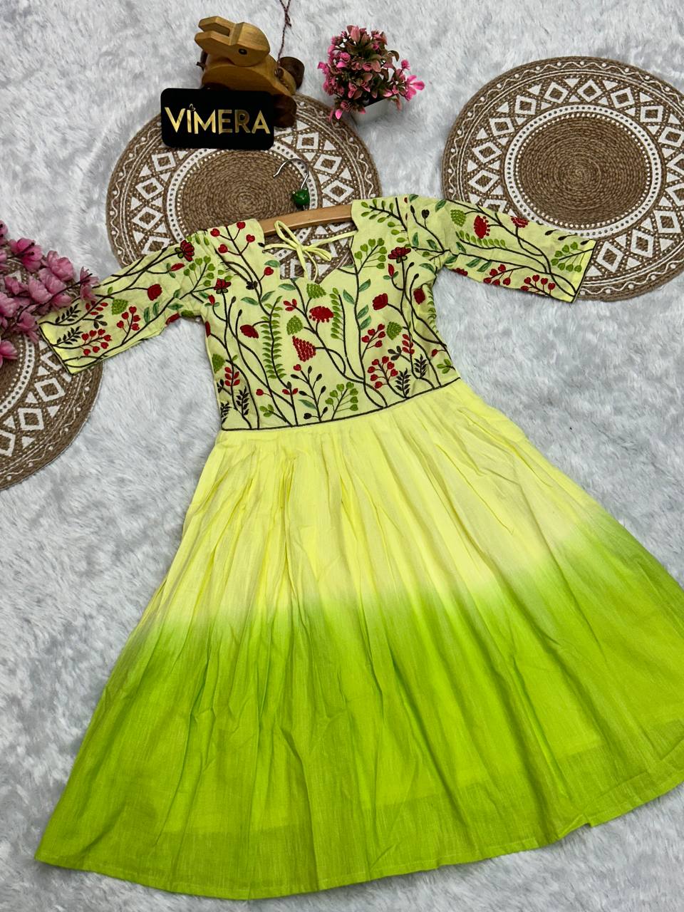 Ridhhi Pure Mul Cotton Two Ton Embroidery Work Kids Gown