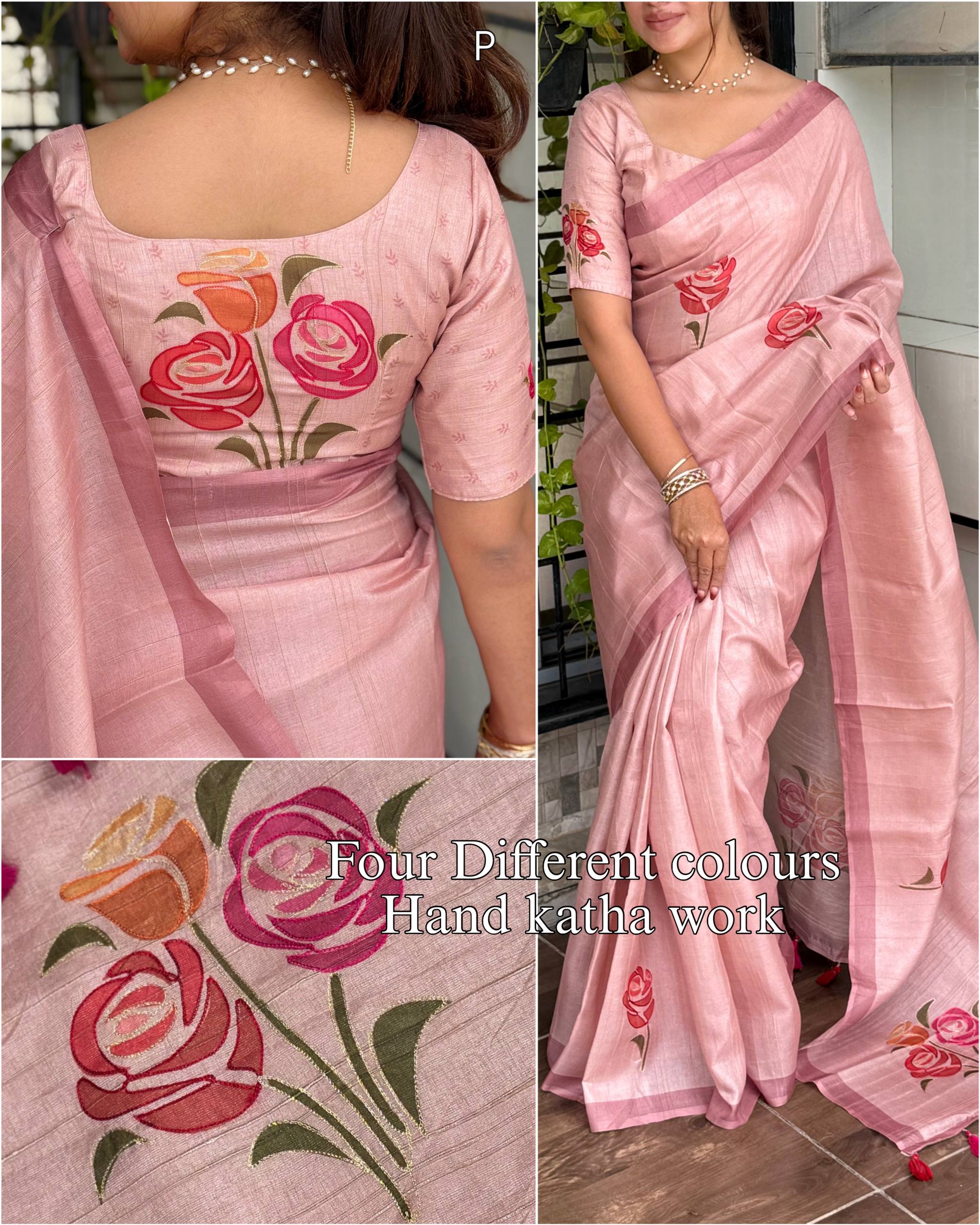 Rose Linen Cotton Handprint Saree With Blouse