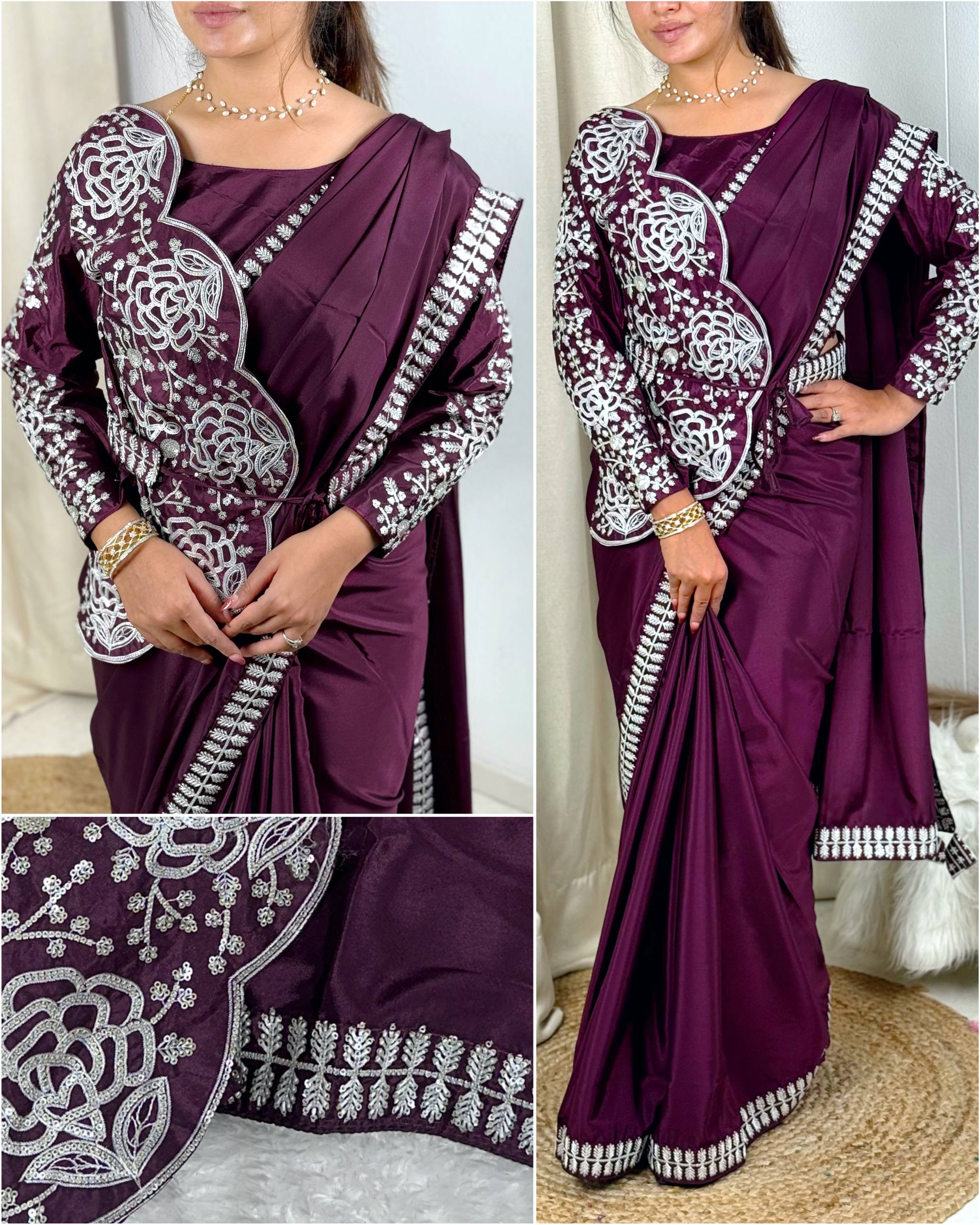 Glimpse Embroidered Work Saree With Stylish Stiched Koti Blouse
