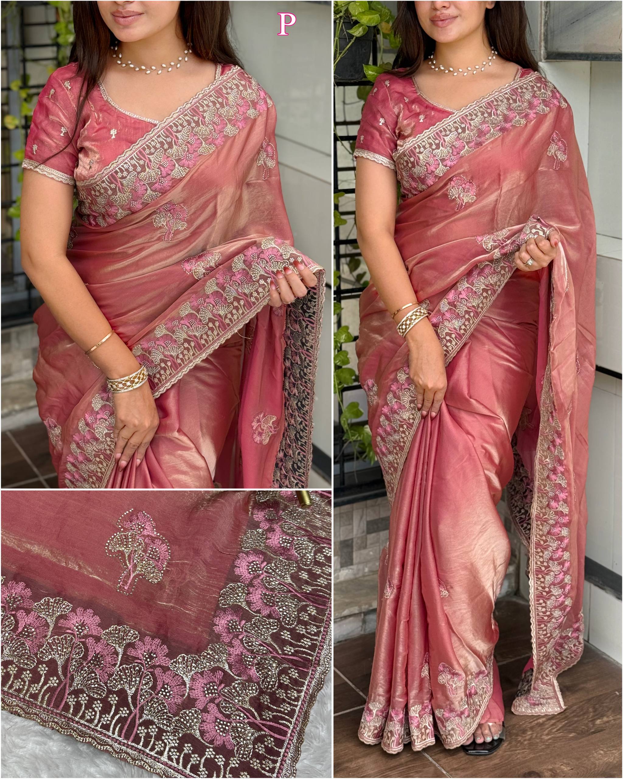 Sunaina Embroidered Work Zarkhan Work Saree With blouse