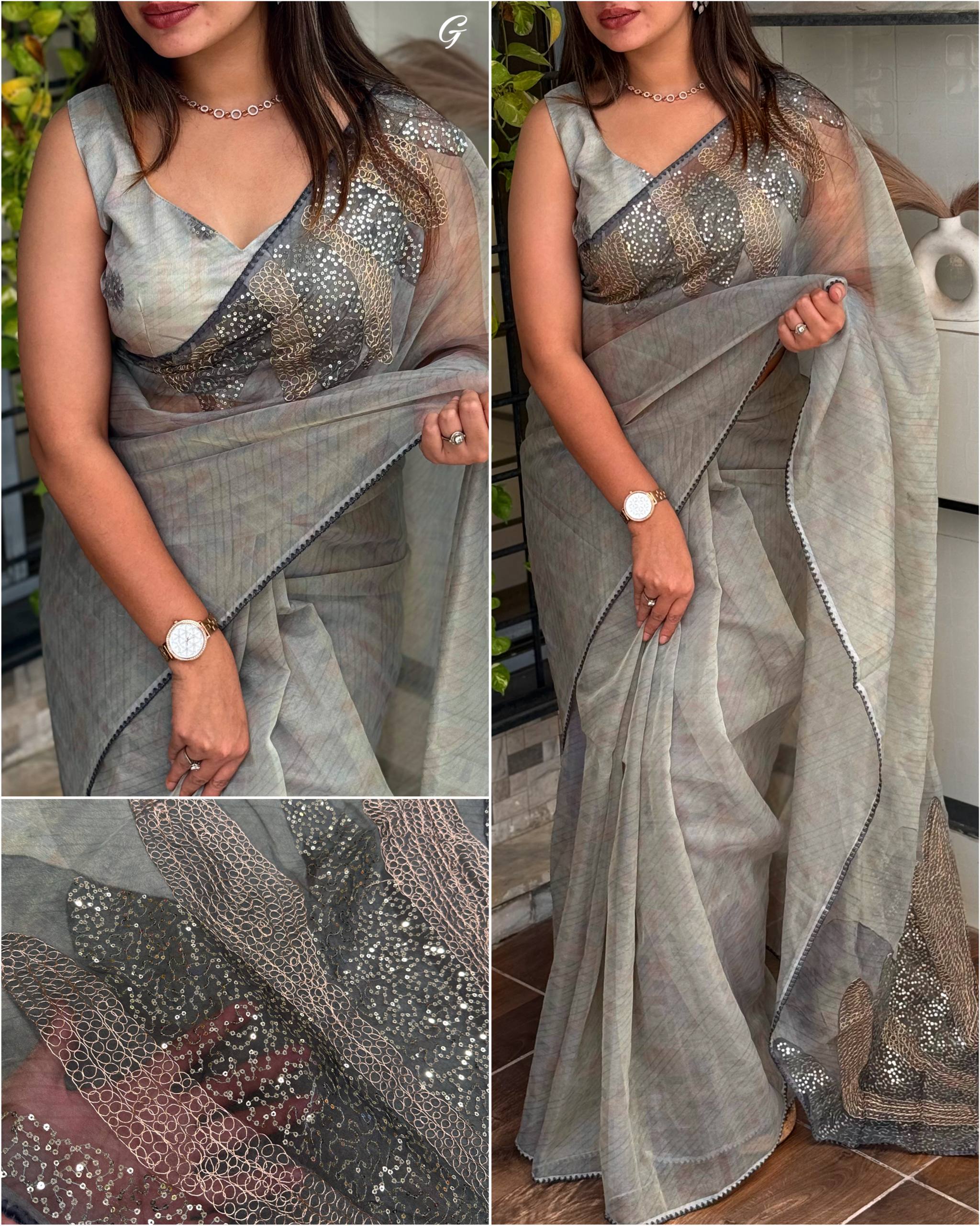 Digital Printed Pure Tissue Organza Pitha Work Saree With Blouse