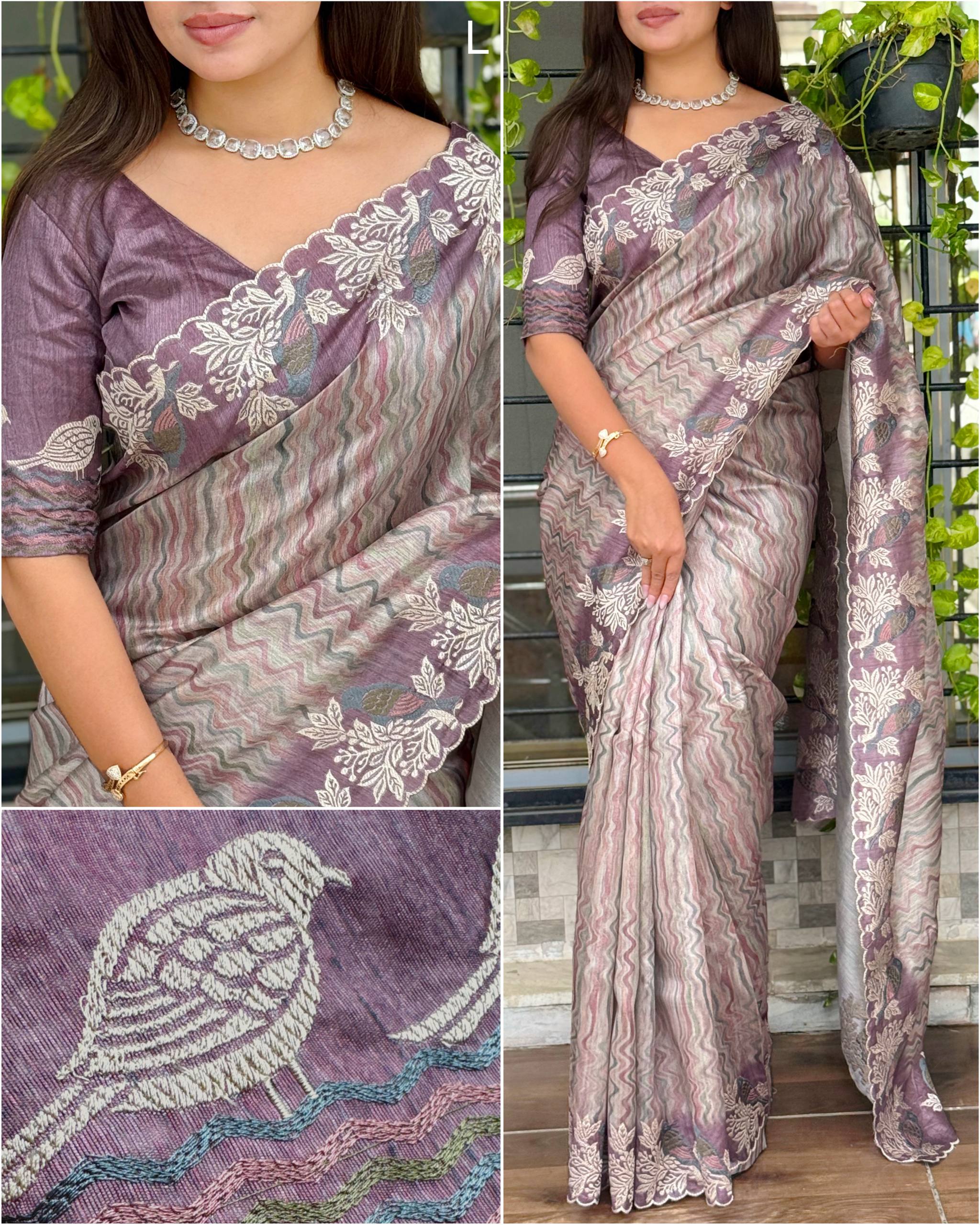 Traditions Pure Tusser silk Kashmiri Embroidery Digital Print Saree with Blouse