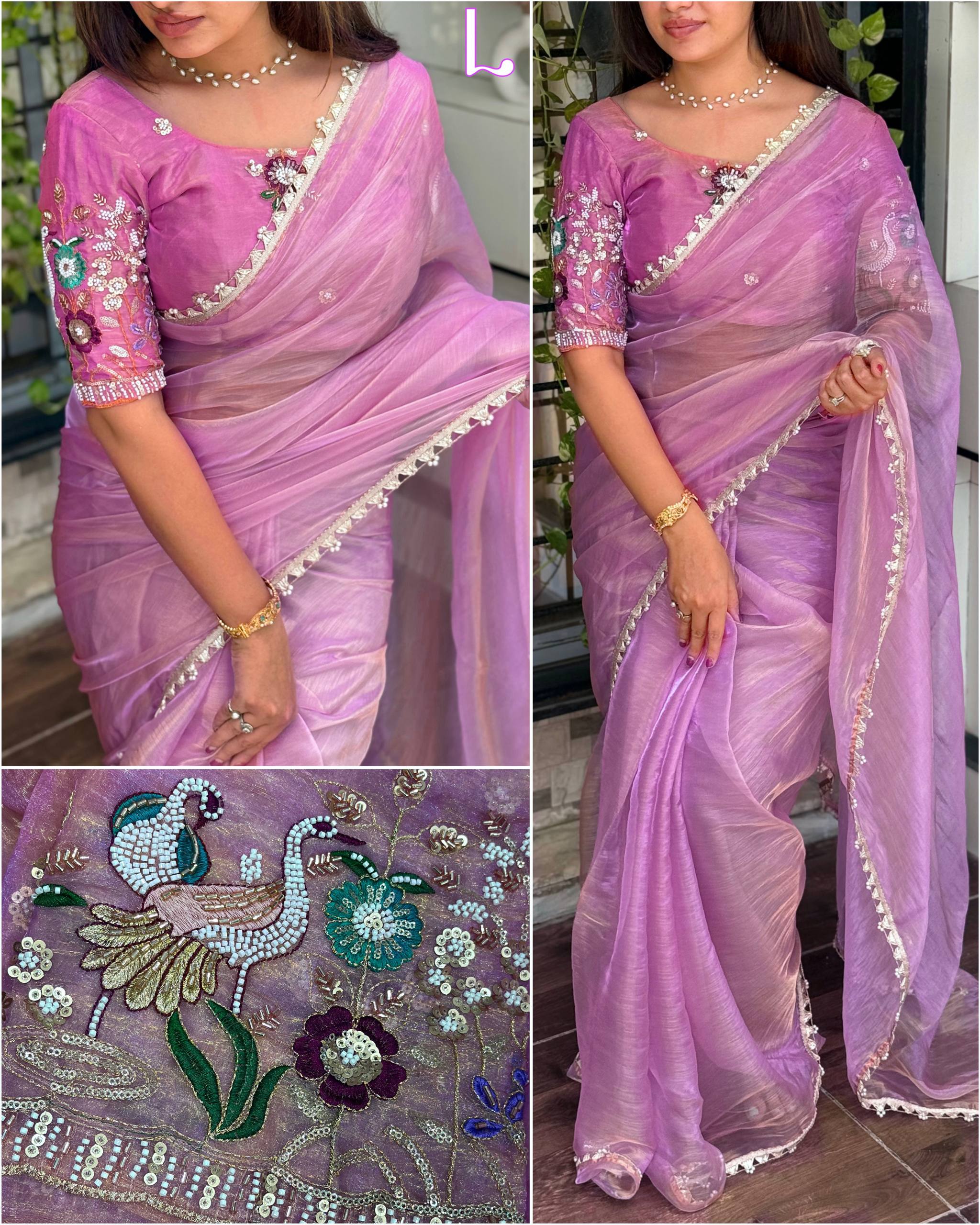*Effortless Liquid Organza Embroidered Saree With Blouse