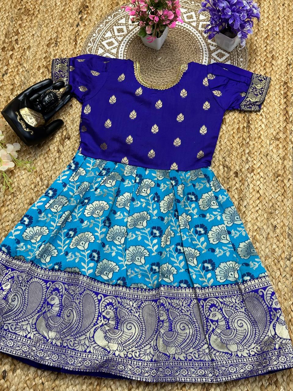 Laya Trendy Royal Blue & Sky Banarasi Silk Kids Gown
