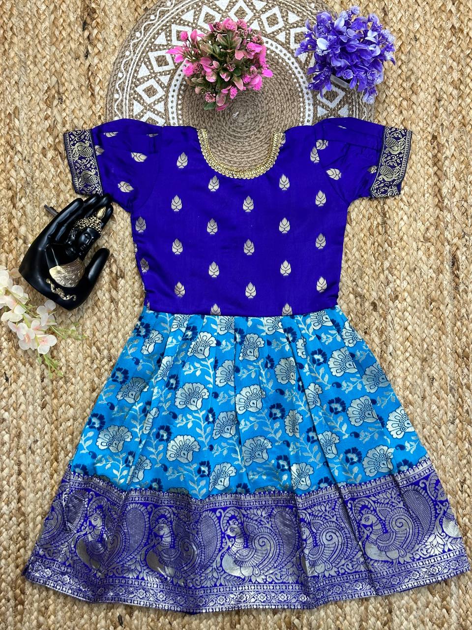 Laya Trendy Royal Blue & Sky Banarasi Silk Kids Gown