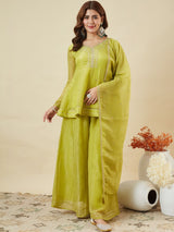 Crunchy Fabric Embroidered Kurta Palazzo Set with Dupatta