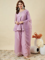 Crunchy Fabric Embroidered Kurta Palazzo Set with Dupatta