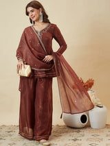Crunchy Fabric Embroidered Kurta Palazzo Set with Dupatta