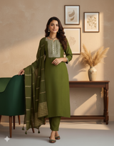 Elegant Colour Embroidered Straight Kurta Set with Pant & Dupatta