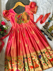 Blossom Pure Silk Paithani Border Kids Gown