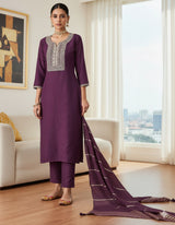Elegant Colour Embroidered Straight Kurta Set with Pant & Dupatta