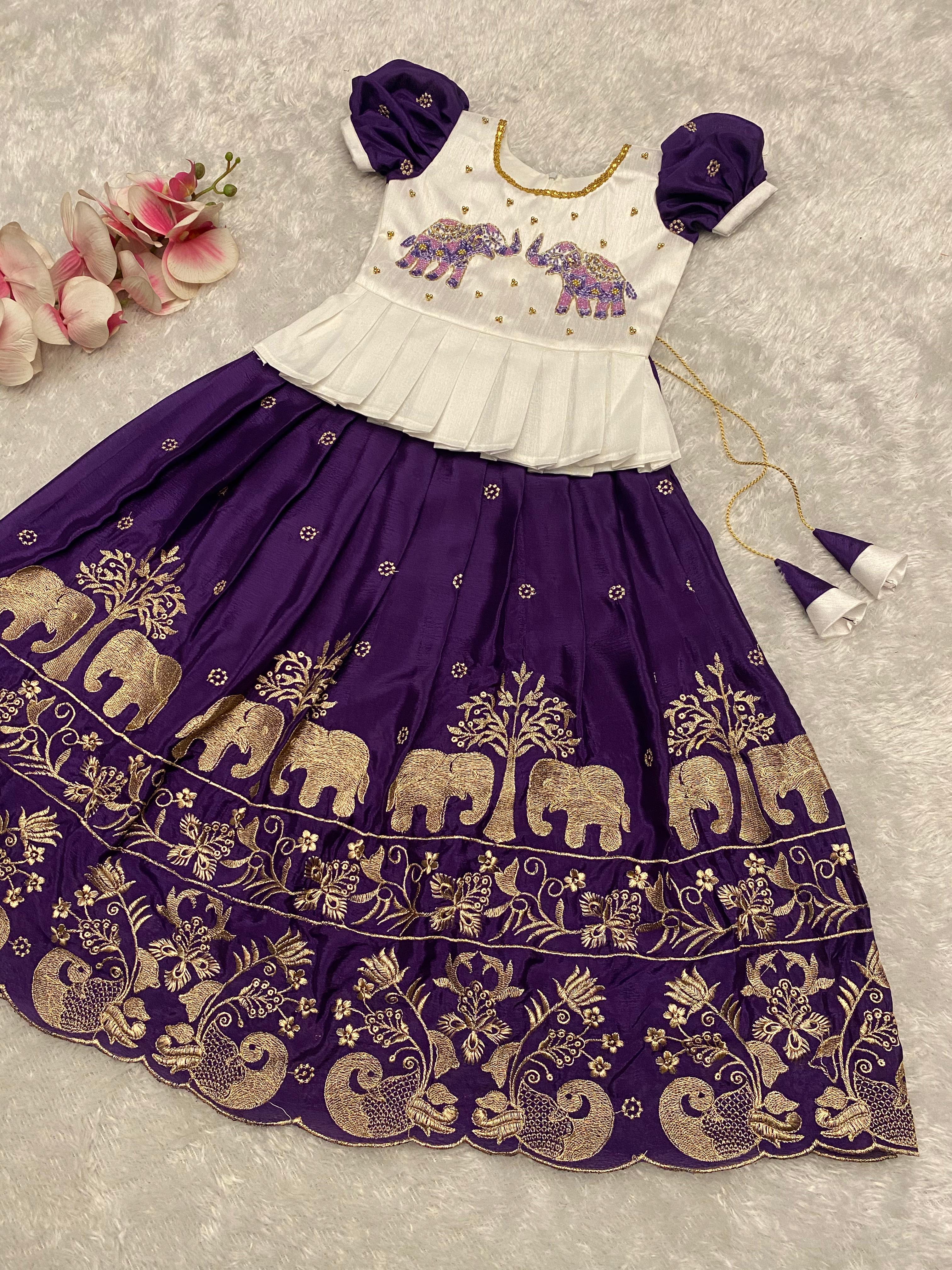 New Elephant Zari Embroidery Work Kids Lehenga