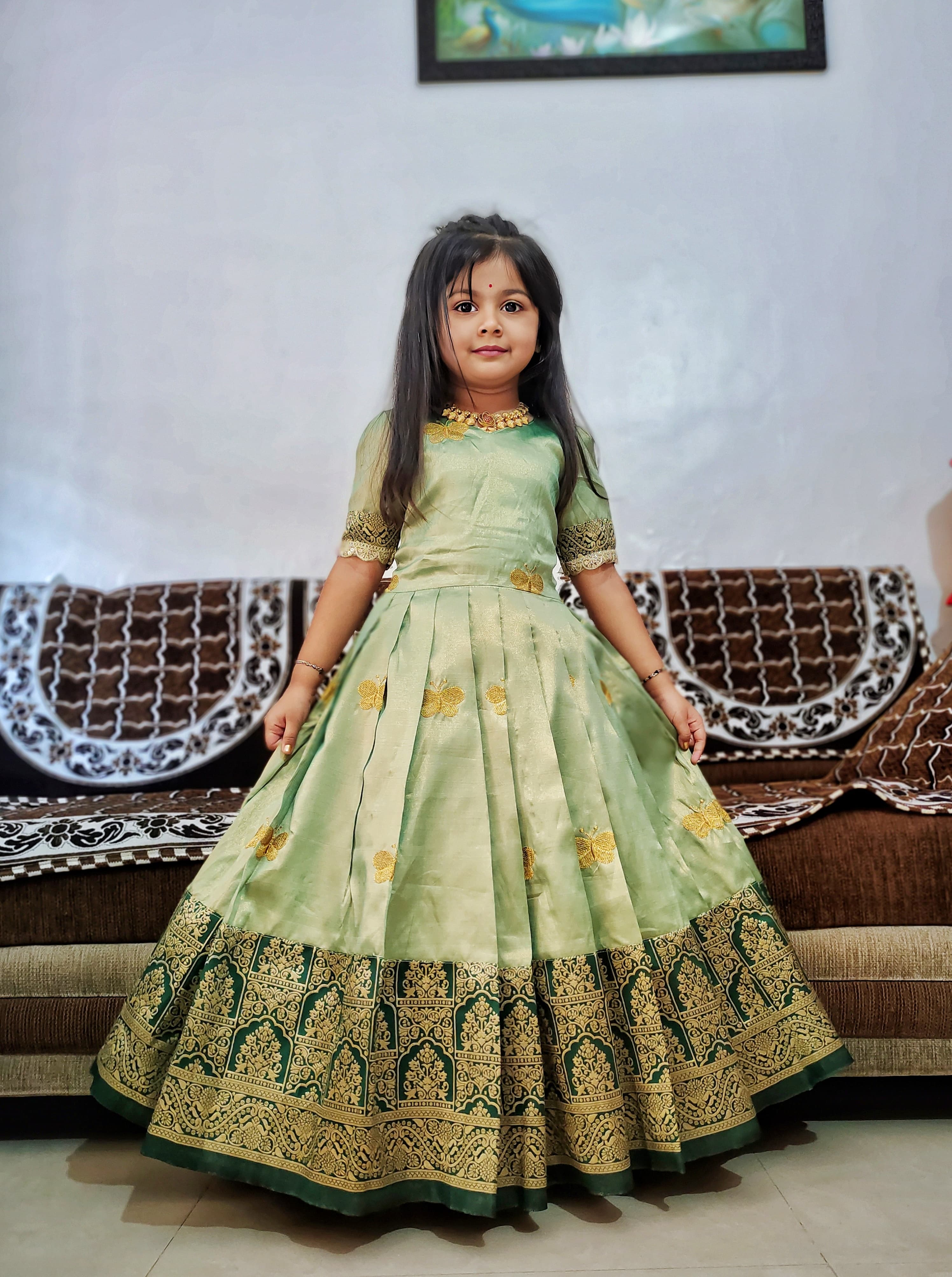 Magestic Pure Soft Silk With Embroidery Butterfly and Bird Work Gown For Kid's