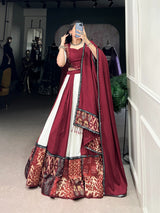 Graceful Pure Rayon Plain And Printed With Mirror Work Lace Lahengha Choli