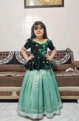 Magestic Heavy Tisue Silk Fabric Swarovski Work Lehengha With Velvet Top For Kid's