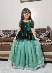 Magestic Heavy Tisue Silk Fabric Swarovski Work Lehengha With Velvet Top For Kid's