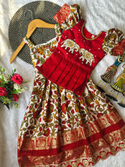 Venetian Elephant Hand Work Cotton Kalamkari Gown For Kids