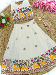 Stunning Pure Cotton Deer Embroidered Kids Lehenga and Top