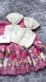 Fuchsic Premium Cotton Cow Embroidered Cut Work Kids Lahenga With Top