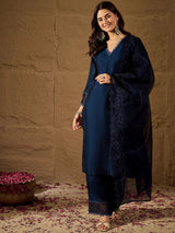 Vichitra Silk Lace Neck Straight-cut kurta Set