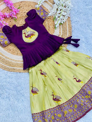 Scarlet Art Silk Weaving Work Lahenga With Peach Work Top For Kids