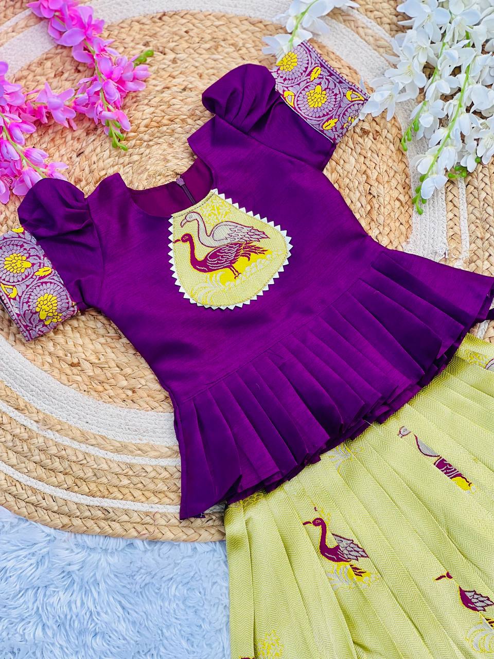 Art Silk Weaving Work Lahenga With Peach Work Top For Kids
