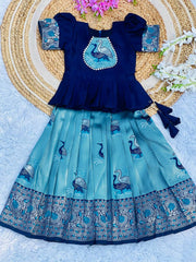 Scarlet Art Silk Weaving Work Lahenga With Peach Work Top For Kids
