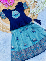 Art Silk Weaving Work Lahenga With Peach Work Top For Kids