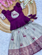 Art Silk Weaving Work Lahenga With Peach Work Top For Kids