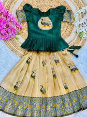 Scarlet Art Silk Weaving Work Lahenga With Peach Work Top For Kids