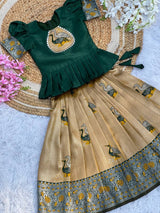 Art Silk Weaving Work Lahenga With Peach Work Top For Kids