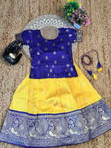 Mithra Trendy Yellow-Blue Banarasi Silk Kids Lahenga-Top