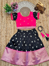 Naina Black-Rani Traditional Pattu Silk Kids Lahenga-Top