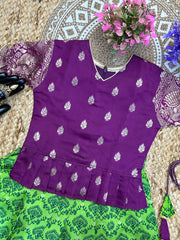 Exquisite Wine And Green Kanjivarm Silk Lehenga With Top
