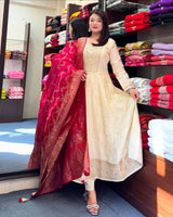 Dashing White Pure Banana Silk Anarkali Suit Set.