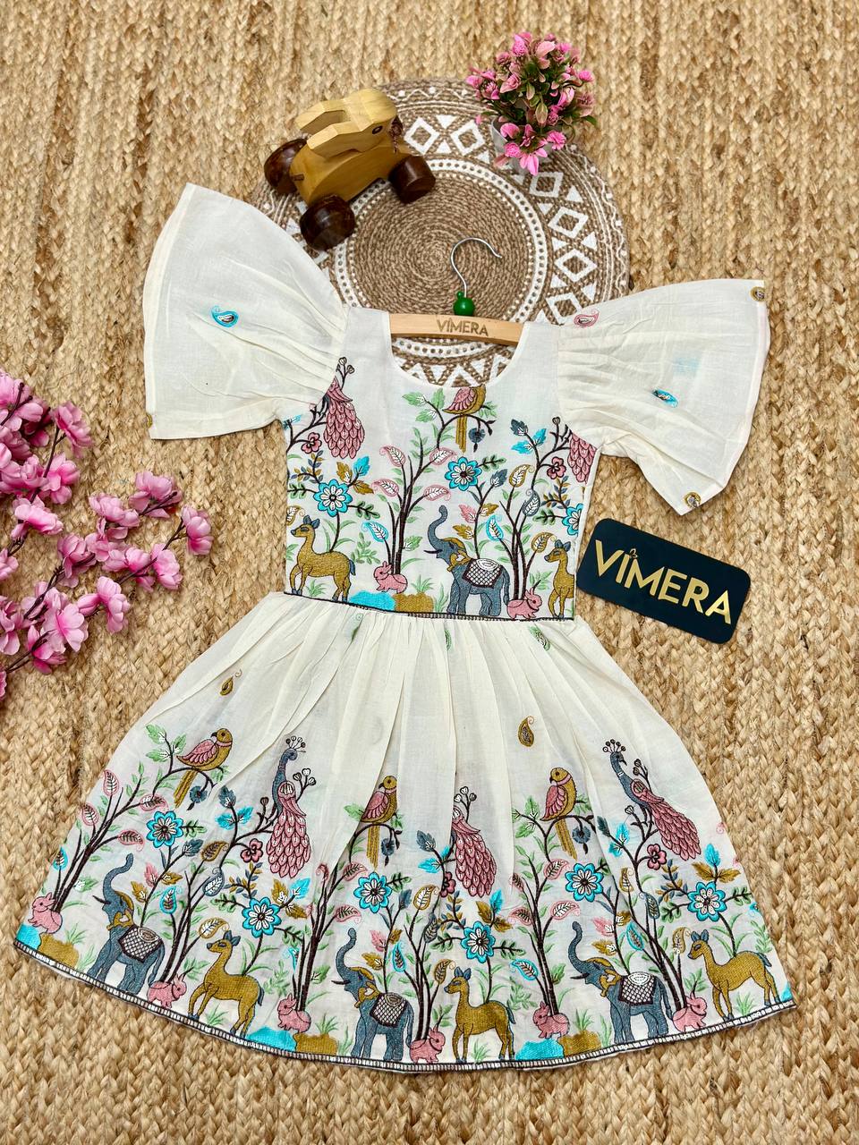 Cotton Embroidery Animal Work Kids Frock