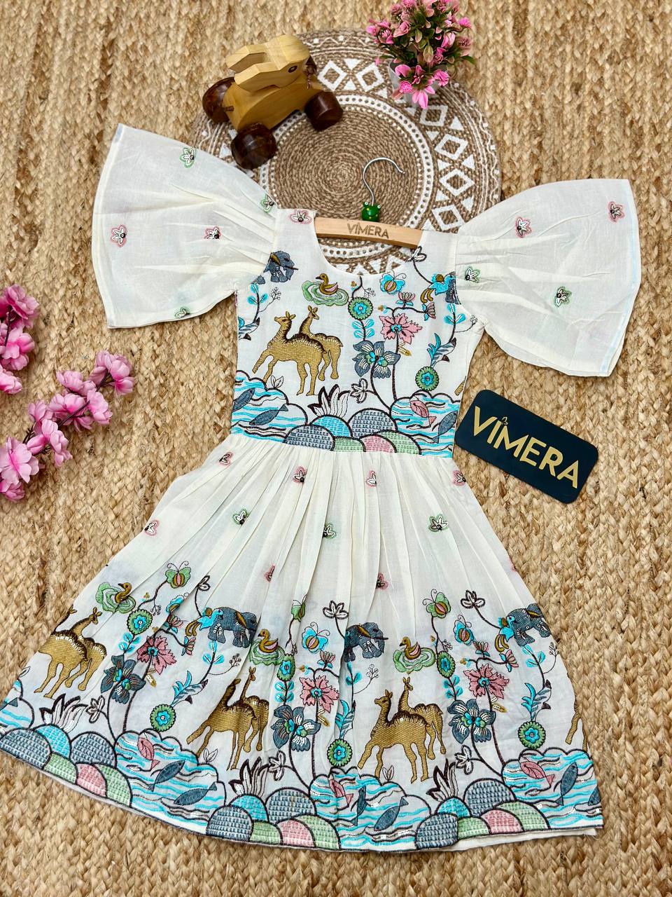 Fish Sleeve Cotton Embroidery Work Kids Frock