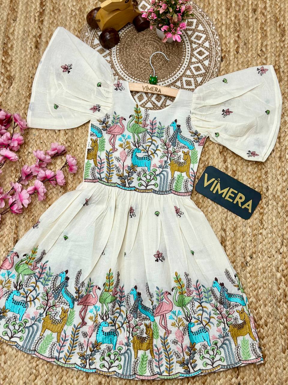 Jungle Cotton Embroidery Animal Work Kids Frock