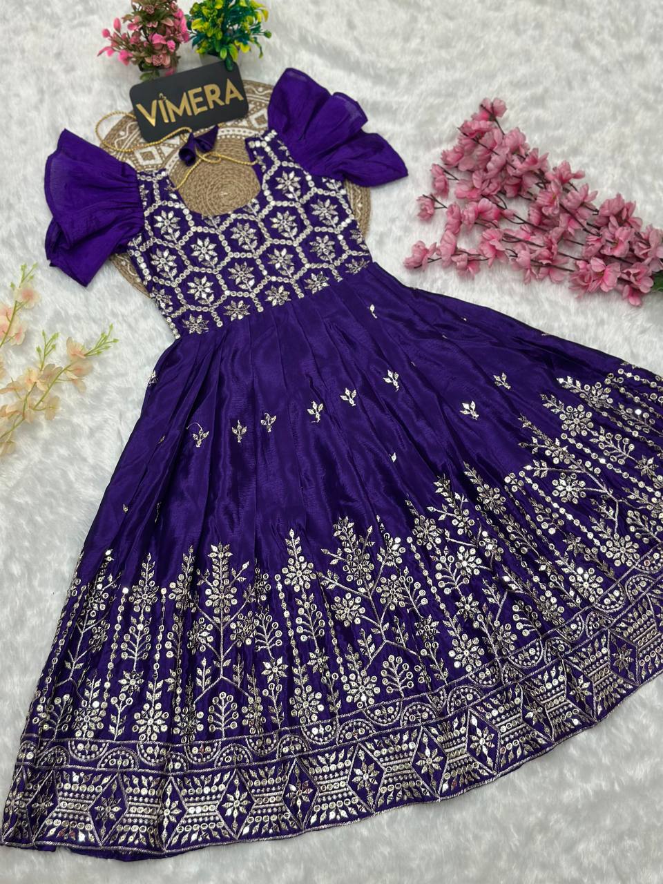 Megha Royal Purple Embroidery Work Kids Gown