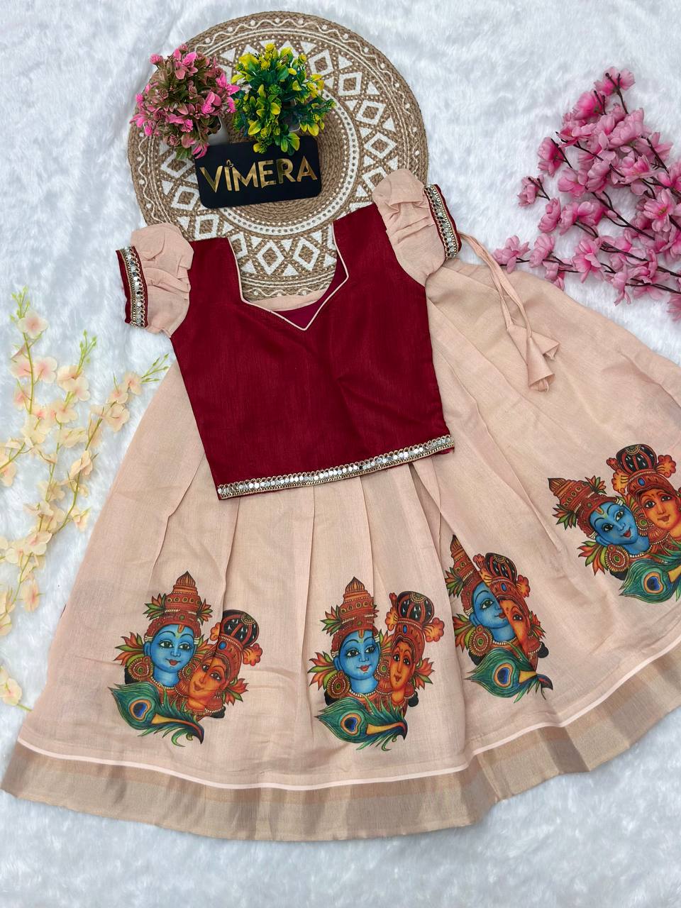 Onam Traditional Gold Zari Border Kids Lahenga-Top