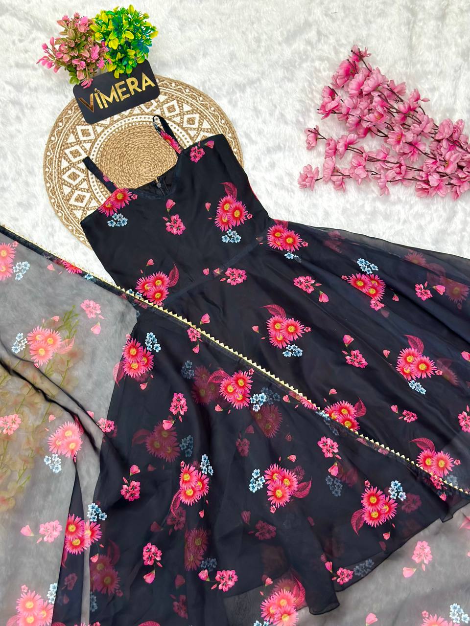 Swara Black Floral Organza Kids Gown