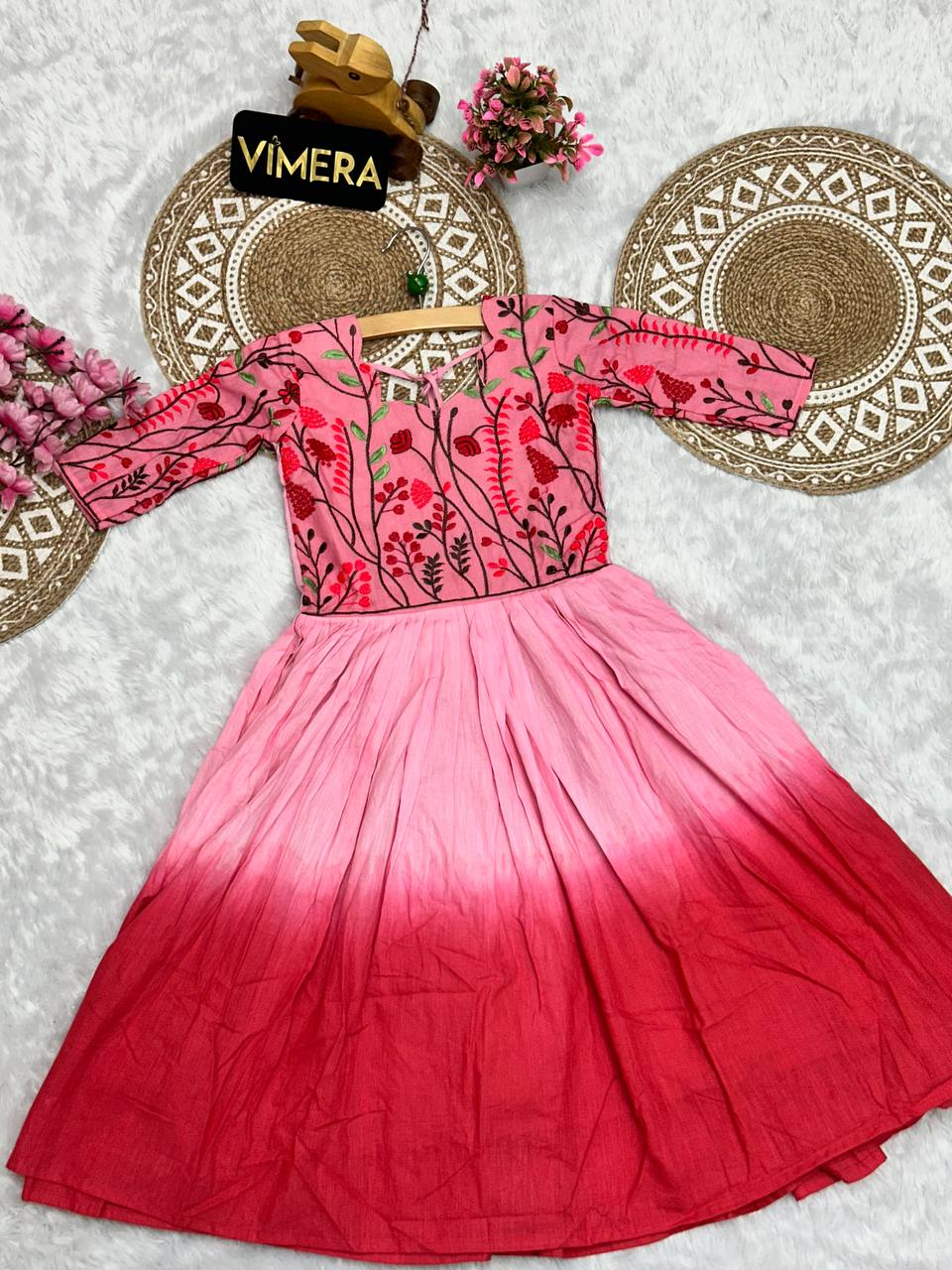 Ridhhi Pure Mul Cotton Two Ton Embroidery Work Kids Gown