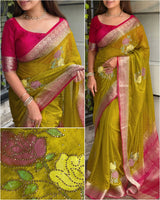 Kanishka Statement With This Unique Brush Print Saree With The Fusion Of Zarkhan Diamond