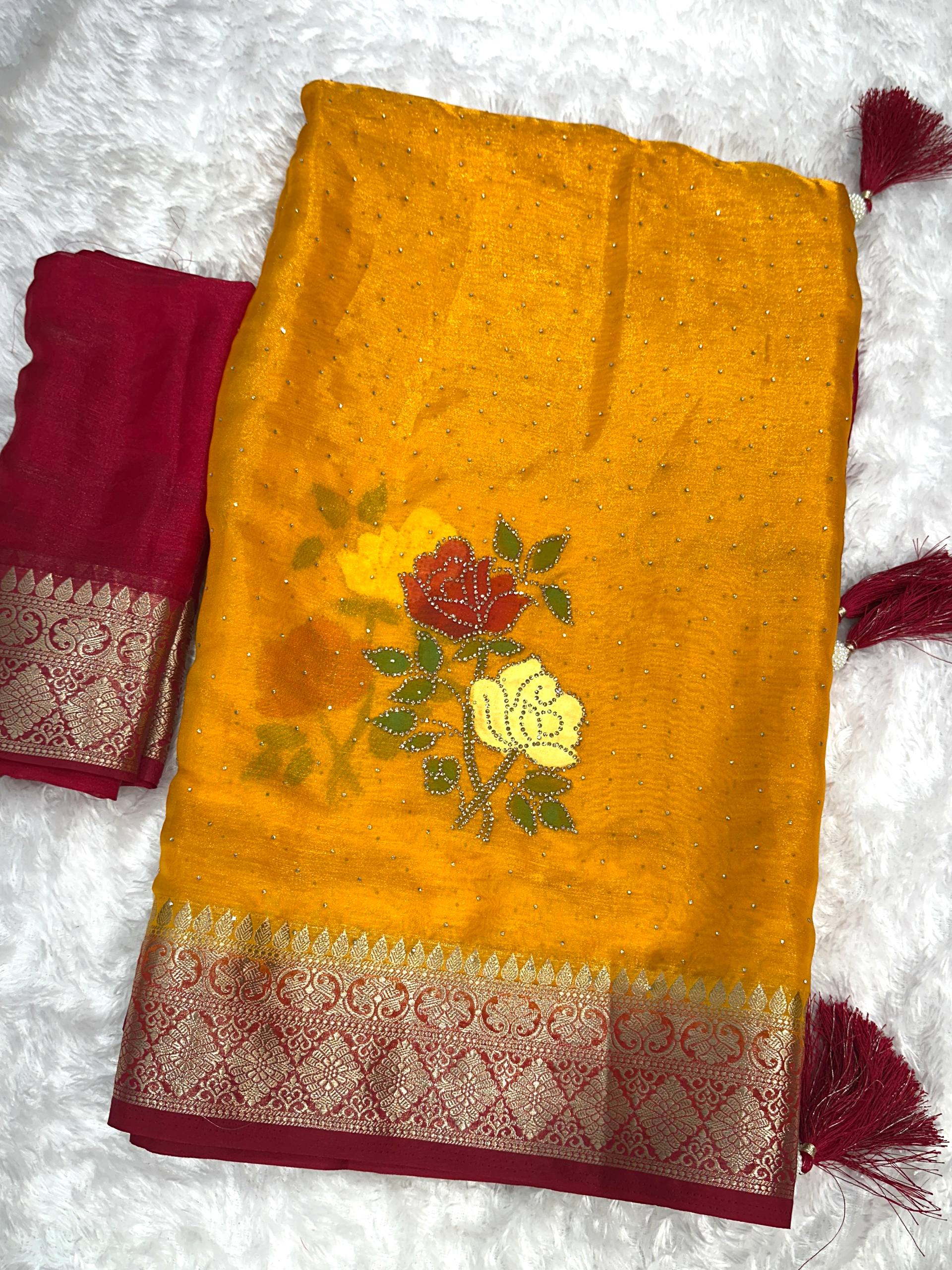 Kanishka Statement With This Unique Brush Print Saree With The Fusion Of Zarkhan Diamond