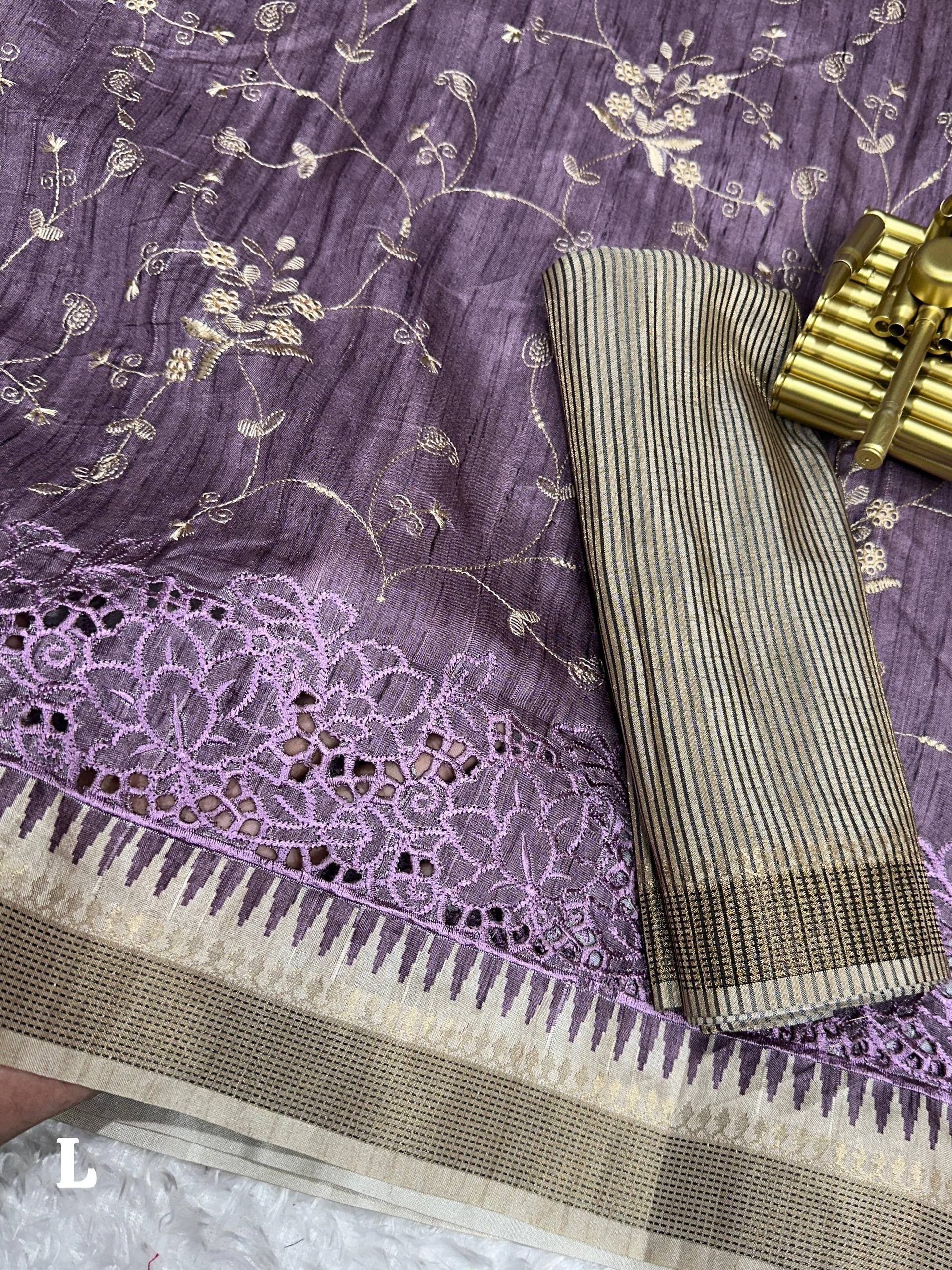 Statement Tusser cotton Embroidery work Saree With Blouse