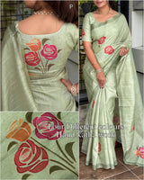 Rose Linen Cotton Handprint Saree With Blouse